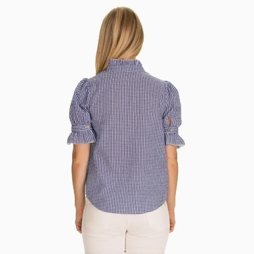 Duffield Lane Button Down Blouse, Gingham, Blue & White Size M - Picture 4 of 12